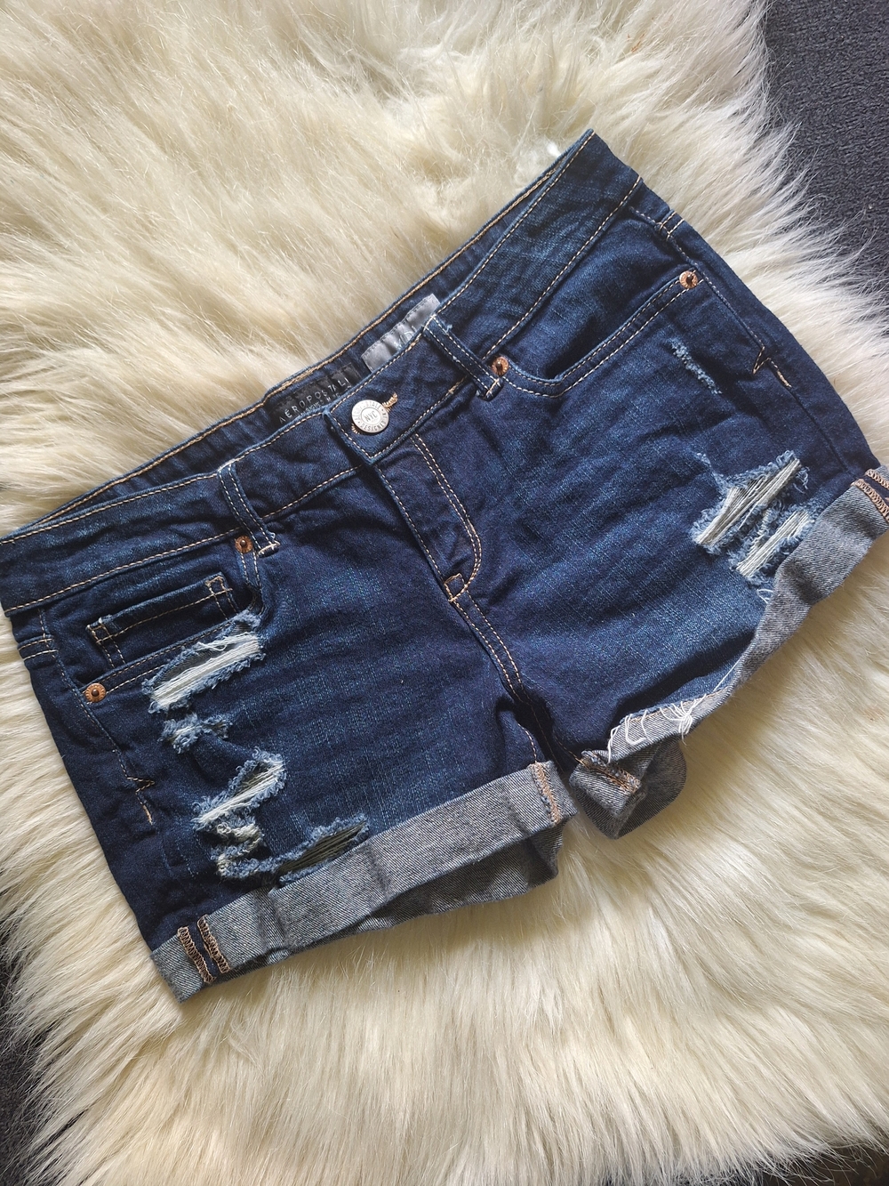 [[Aeropostale]] Dark Blue Distressed Denim Roll-Cuff Shorts - Picture 2 of 6